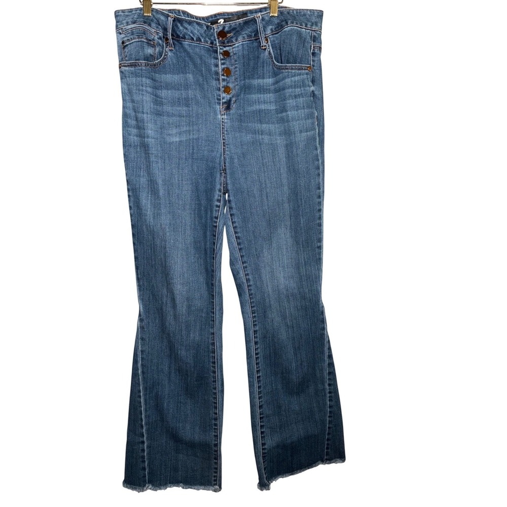 Seven7 Ultra High Rise Flare Jeans Womens 16W Medium Wash Button Fly Raw Hem